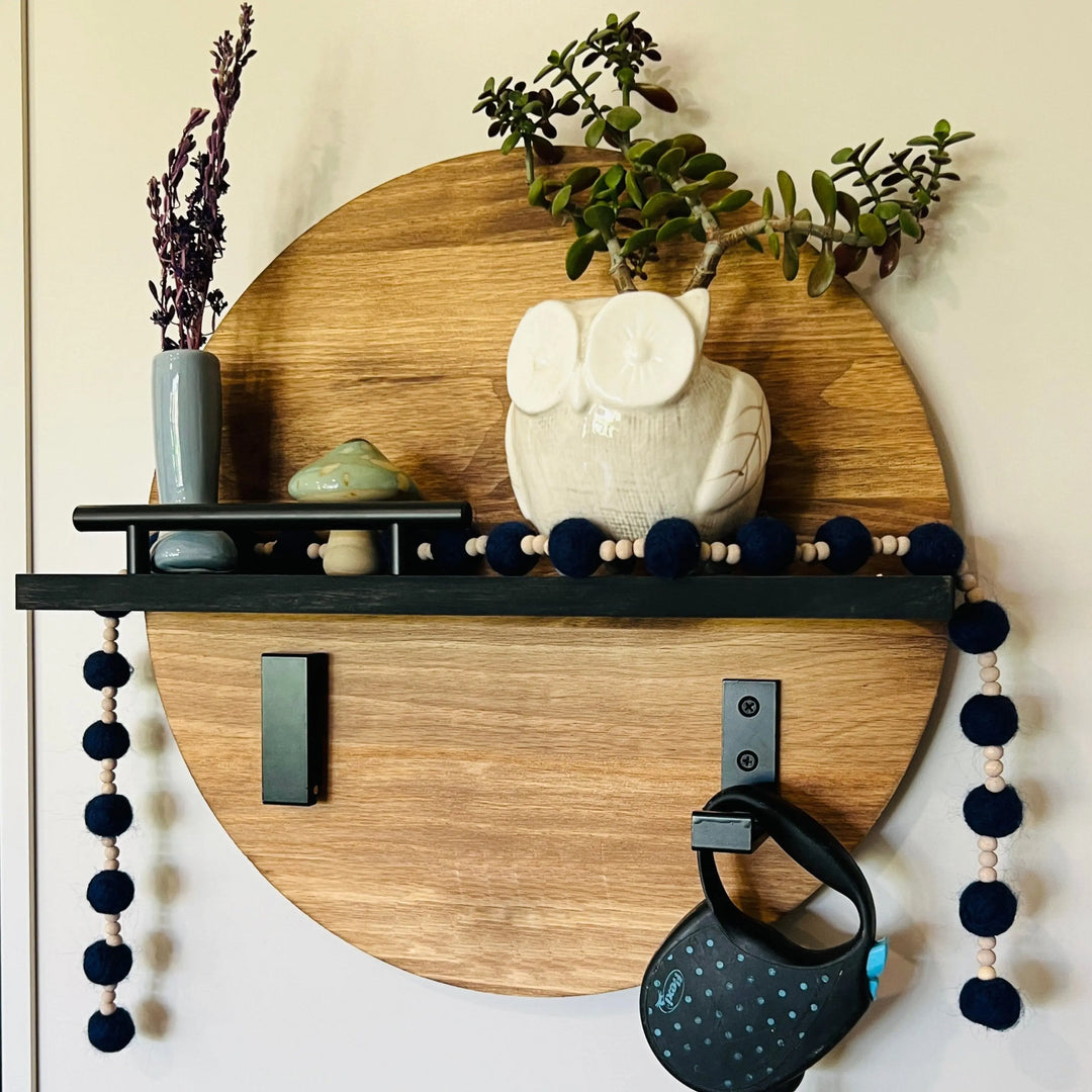 Hooked on You |  DIY Round Wall Wood Shelf w/ Black Metal Hooks ProjectHomeDIY